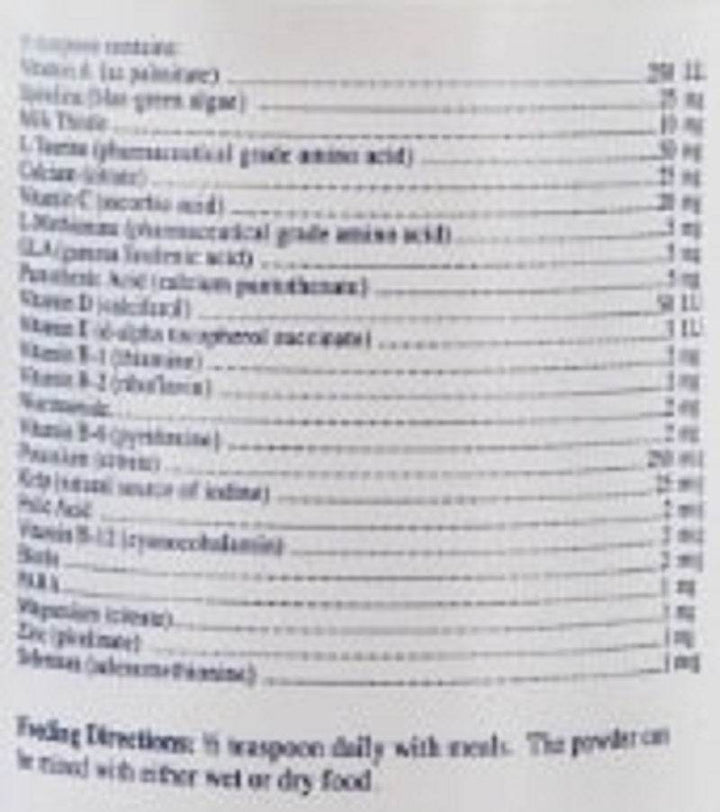 Nutrition label for RX Vitamins For Pets Rx Essentials For Cats 4 oz, including vitamins and feeding directions.