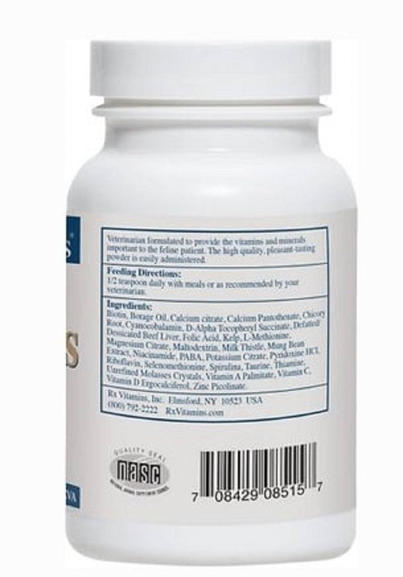 RX Vitamins For Pets Rx Essentials For Cats Natural Ingredients Nutrition 4 oz bottle with ingredient list and directions.