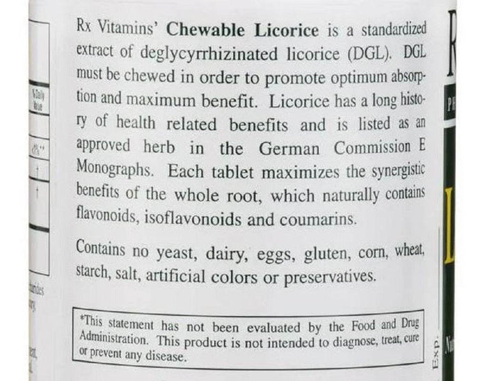 Rx Vitamins Chewable Licorice DGL 90 Tablets, a standardized extract for digestive support and health benefits.