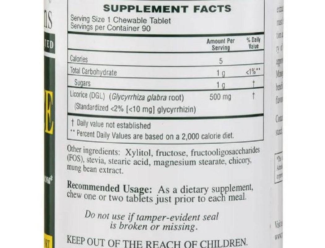 Supplement facts for Rx Vitamins Chewable Licorice DGL 90 Tablets, showcasing ingredients and nutritional information.