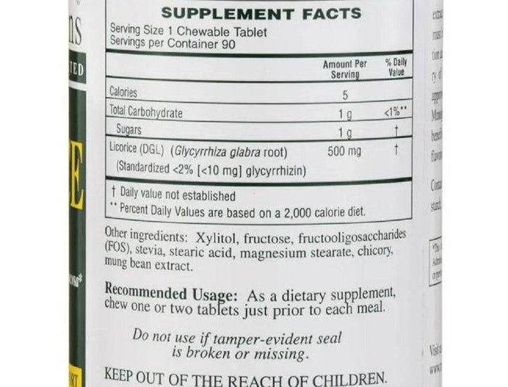 Supplement facts for Rx Vitamins Chewable Licorice DGL 90 Tablets, showcasing ingredients and nutritional information.