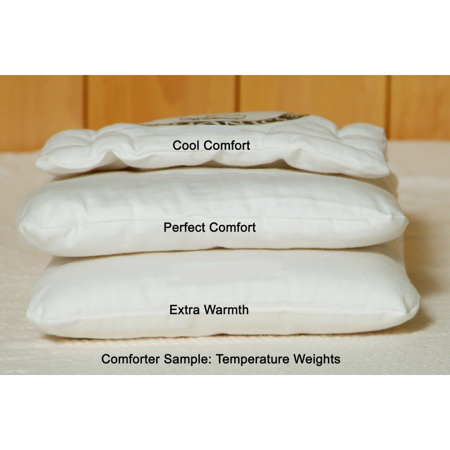 Holy Lamb Organics Comforter temperature weights showing Cool Comfort, Perfect Comfort, and Extra Warmth.