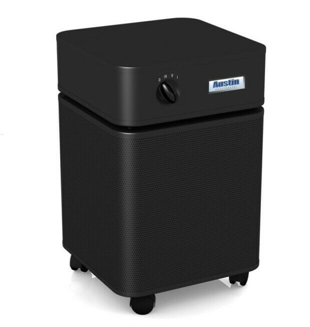 Austin Air Standard Healthmate Plus Machine HM450 Black air purifier on wheels for efficient air filtration.