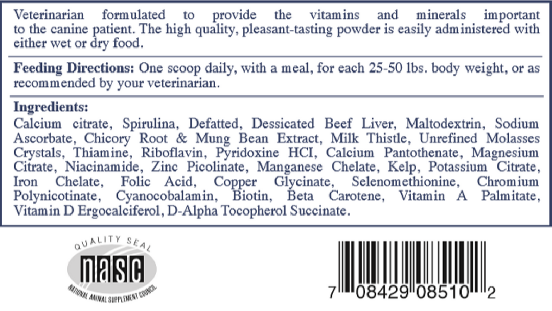 Pets Rx Essentials Nutritional Support for Dogs 8 Oz 3 Pack label showing ingredients and feeding directions.