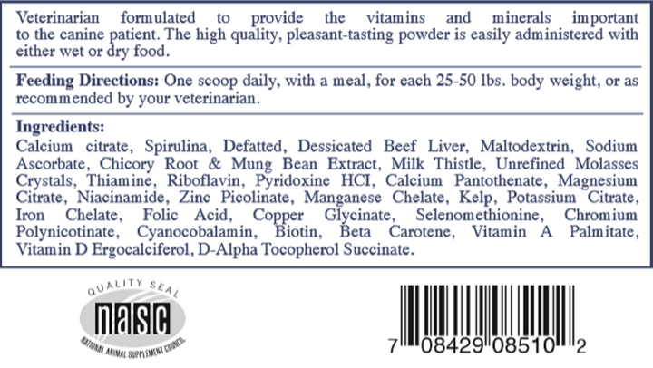 Pets Rx Essentials Nutritional Support for Dogs 8 Oz 3 Pack label showing ingredients and feeding directions.