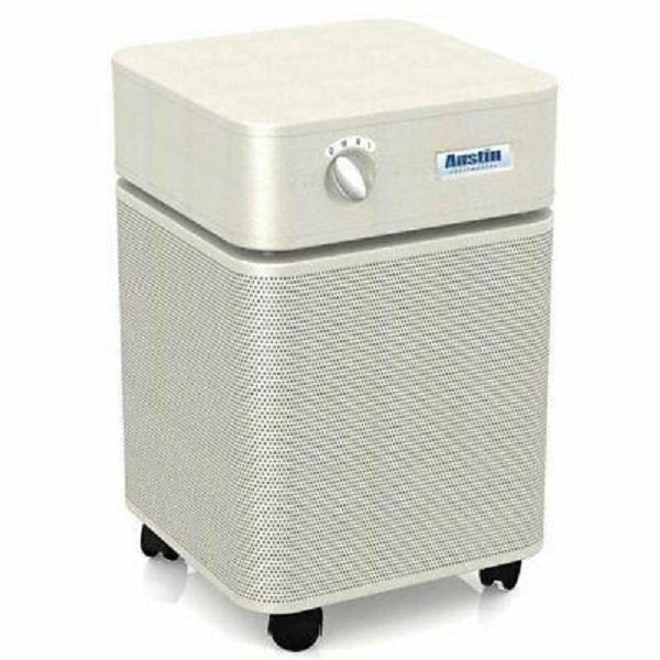 Austin Air HEPA Healthmate Plus Machine in Sandstone color, featuring a multi-layered filtration system.