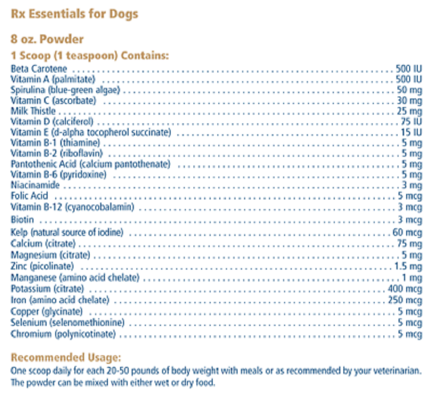 Rx Vitamins For Pets Rx Essentials 8 Oz Powder nutritional ingredients list for dogs.