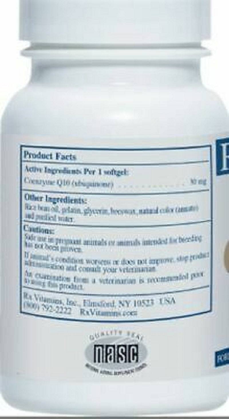 Rx Vitamins CoQ10 30 Capsules product label detailing ingredients and dosage for antioxidant supplement for pets.