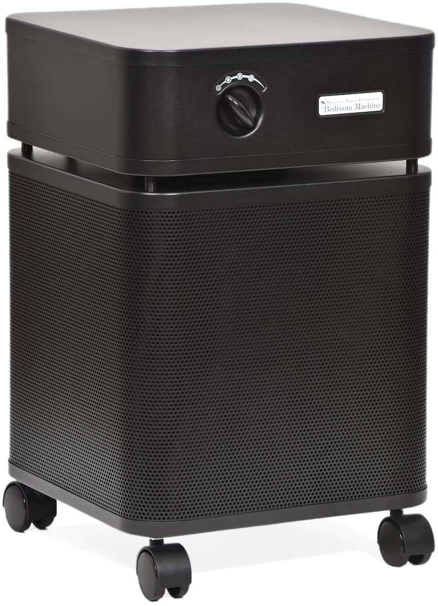 Austin Air HEPA Bedroom Machine in black with wheels for mobility, designed for 1500 sq ft air purification.
