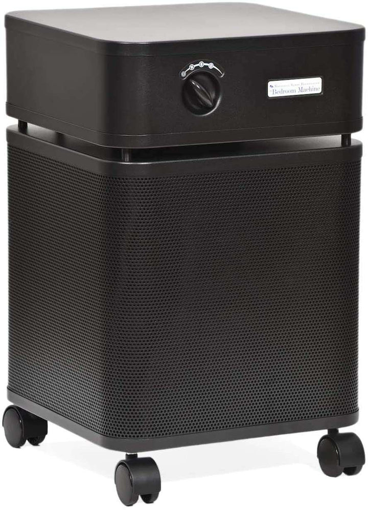 Austin Air HEPA Bedroom Machine in black with wheels for mobility, designed for 1500 sq ft air purification.